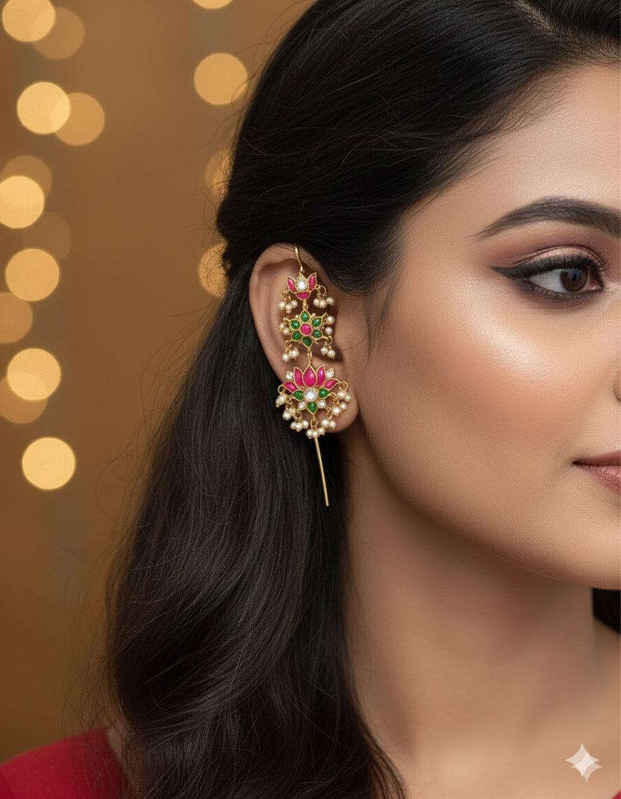 Gold tone pink-green kundan jadau lotus bugadi needle earrings dj-51129