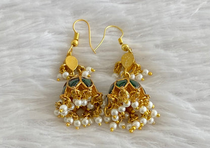 Gold tone green-white stone pearl kundan jadau hook jhumkka dj-53587