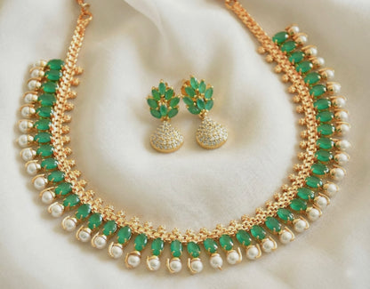 Gold tone emerald pearl necklace set DJ30358