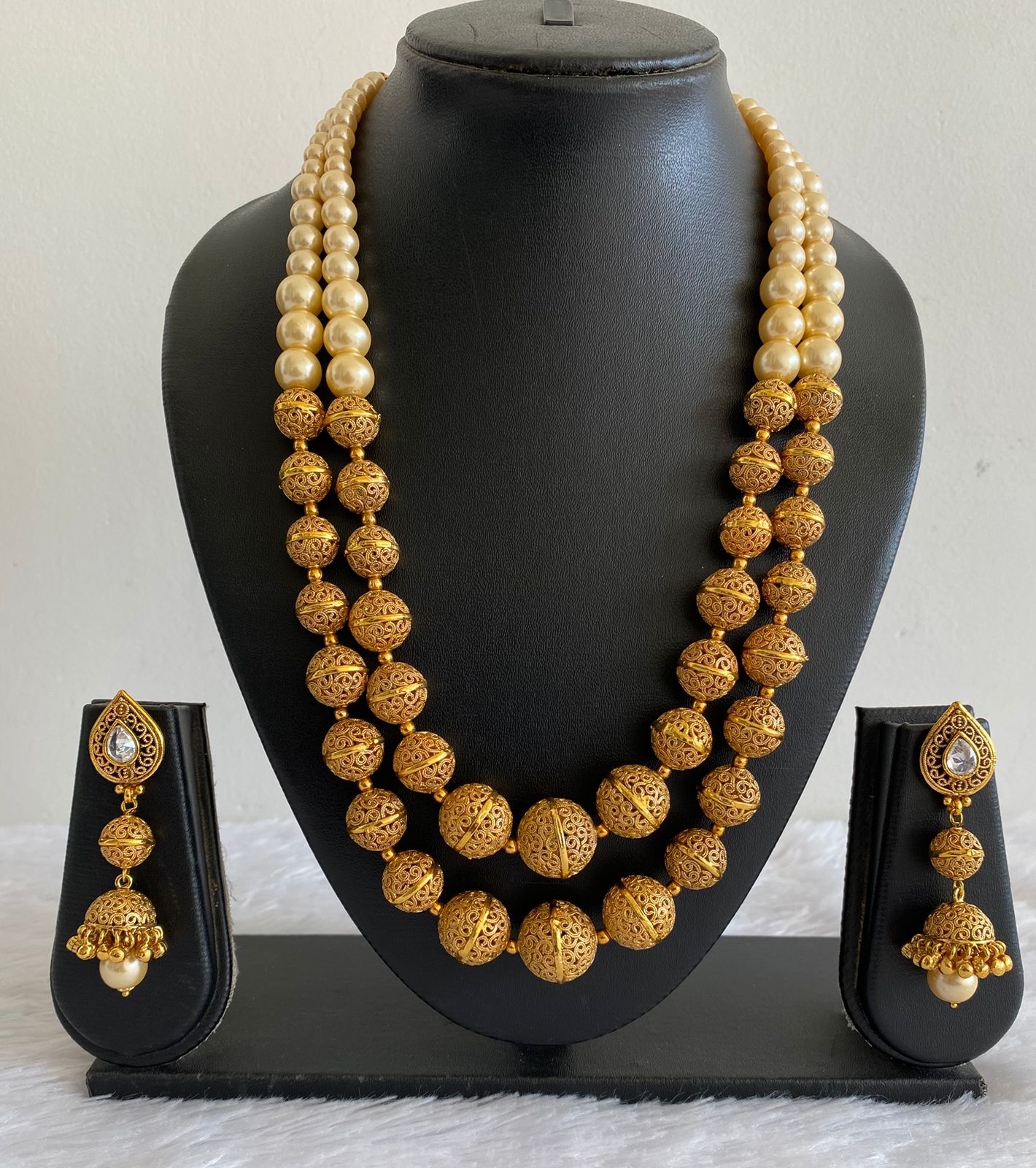 Antique gold tone Pearl beaded Double Layer Necklace Set-dj05049