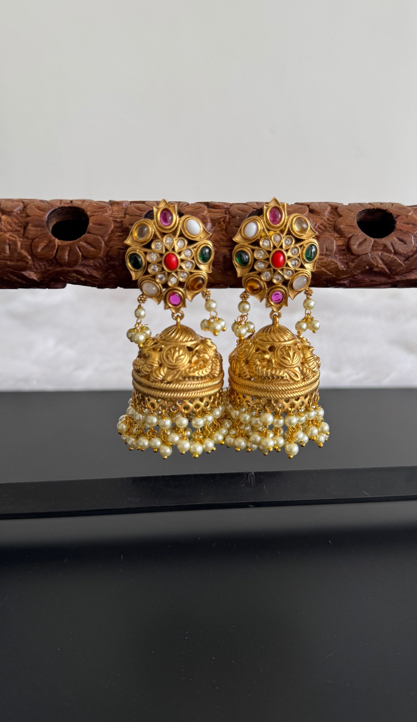 Matte finish cz white pearl cluster navarathna stone peacock jhumkka dj-47677