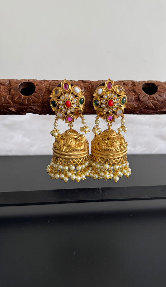 Matte finish cz white pearl cluster navarathna stone peacock jhumkka dj-47677