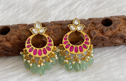 Gold tone white-pink stone green beaded kundan jadau bali earrings dj-53557