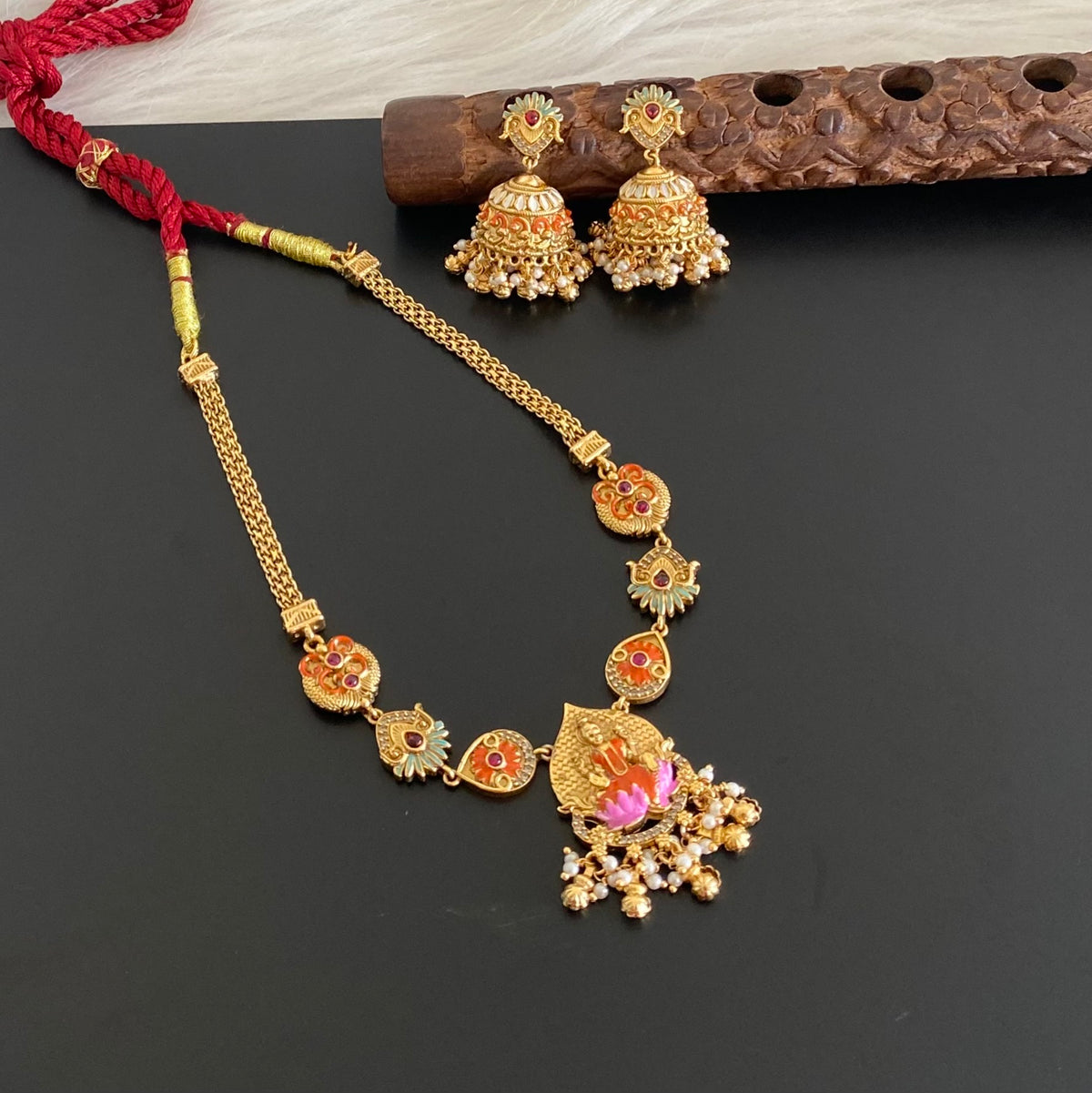 Matte finish meenakari lakshmi necklace set dj-54748