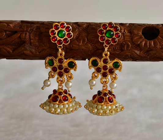 Gold tone kemp-green pearl long jhumkka dj-51987