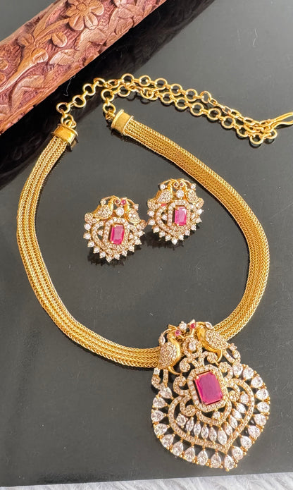 Matte finish cz ruby peacock necklace set dj-51105