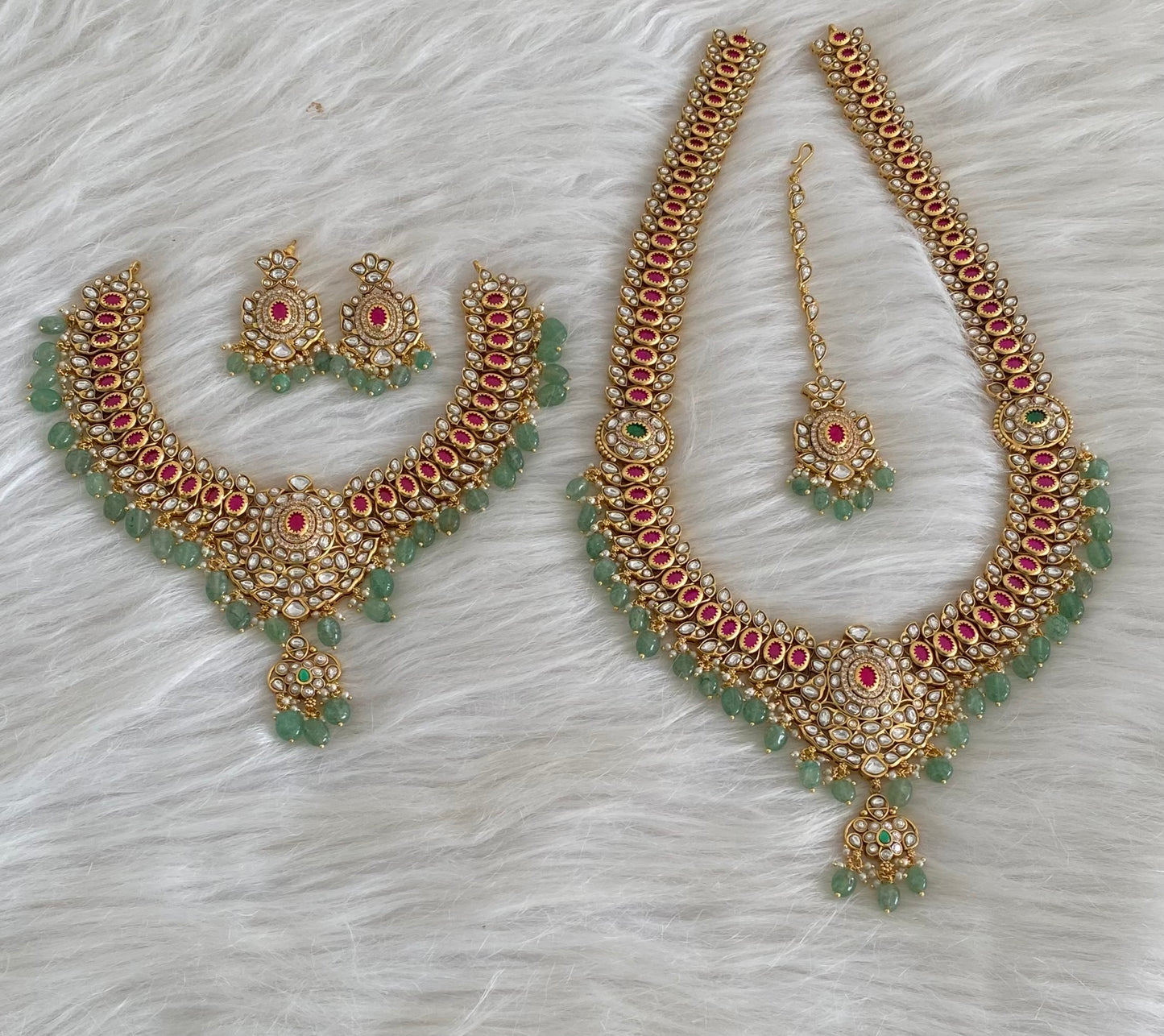 Antique gold tone kundan jadau green beaded bridal set dj-54599