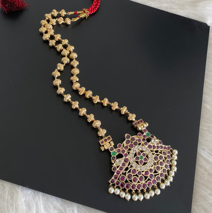 Gold tone precious kemp-green-white peacock flower nakshi beaded haar dj-54731