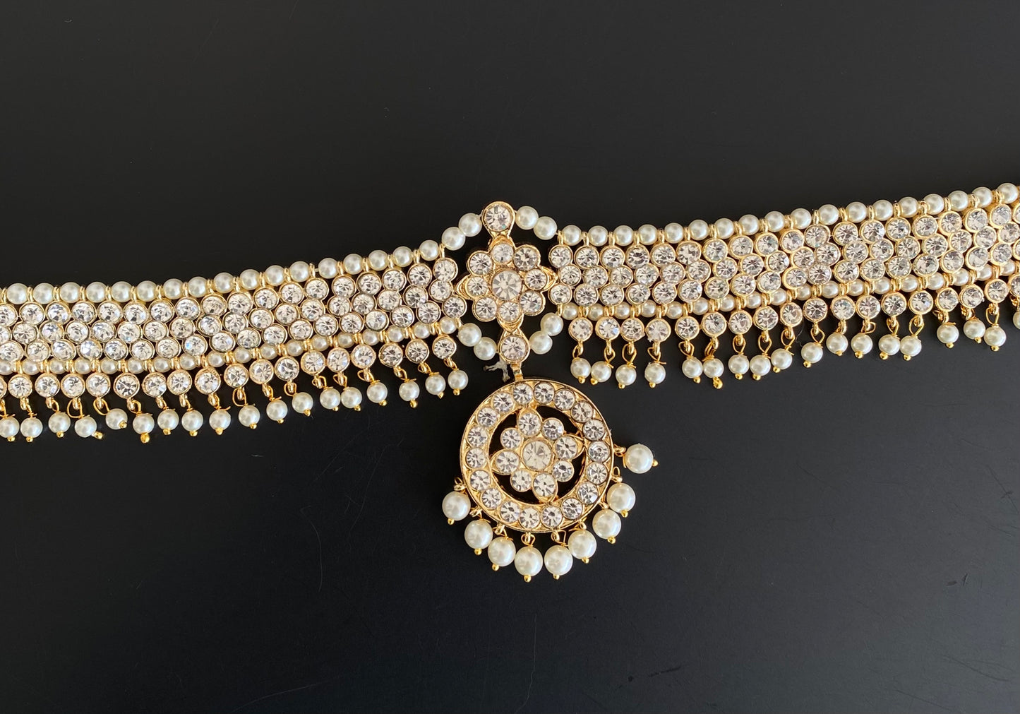 Gold tone AD white stone pearl waist band dj-53386