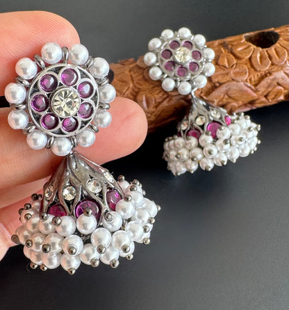 Black finish precious kemp-white stone pearl jhumkka dj-51255