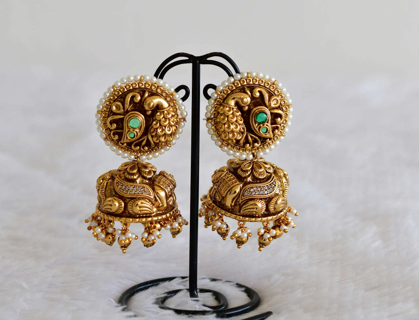 Antique gold tone cz green pearl round big nakshi jhumkka dj-52557