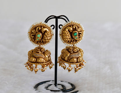 Antique gold tone cz green pearl round big nakshi jhumkka dj-52557