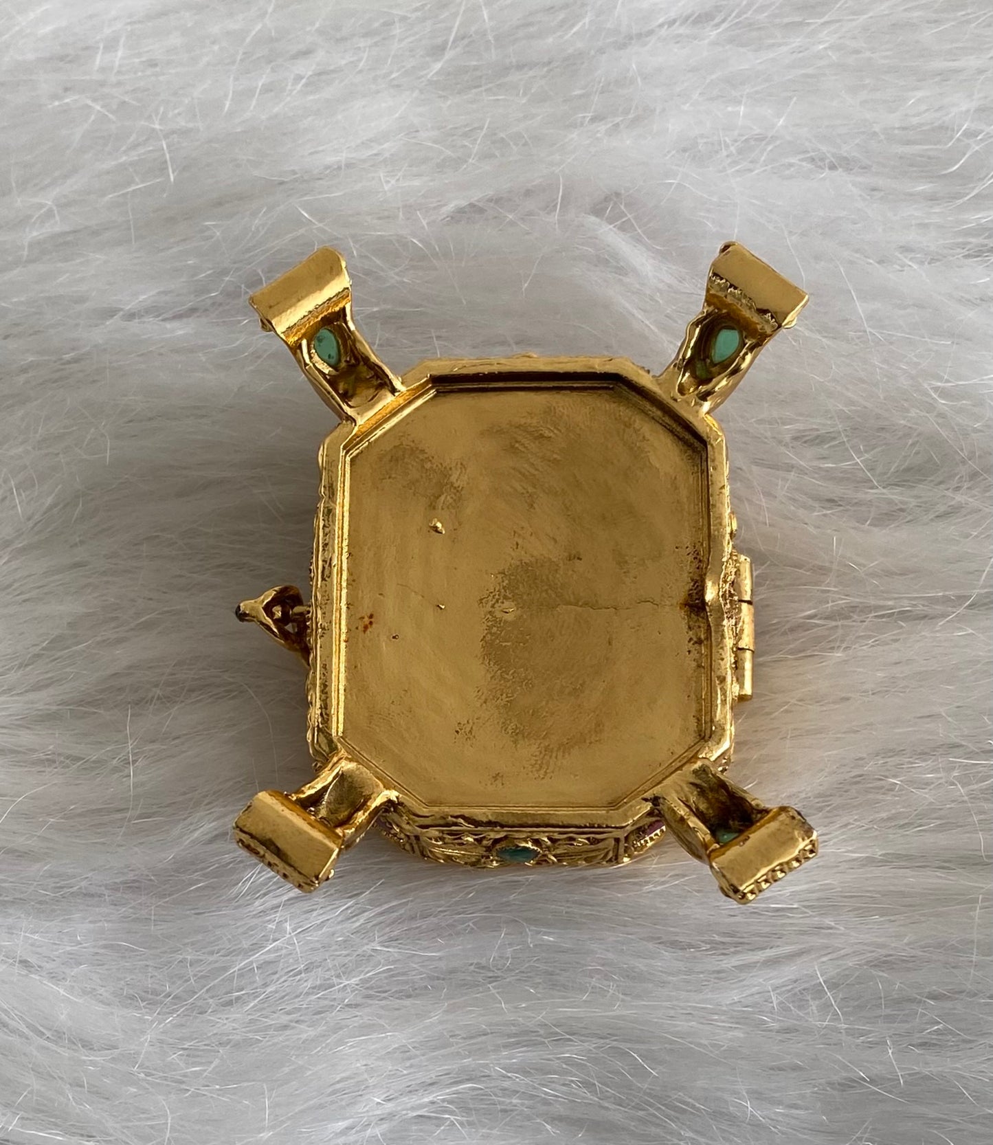Antique gold tone kemp-green Shiva/Bhairava kumkum box dj-54457