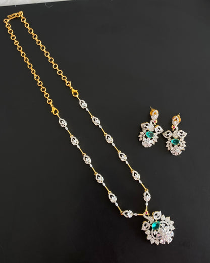 Two tone cz white green peacock necklace set dj-54459