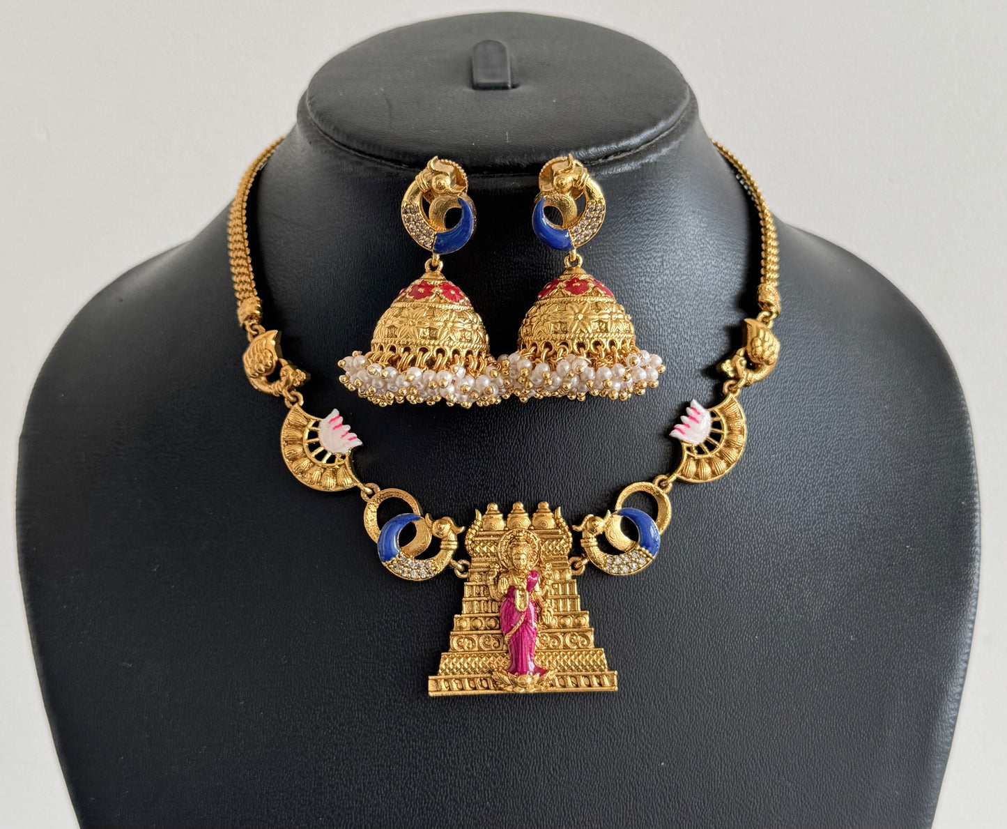 Matte finish Red-pink-blue meenakari Ma Meenakshi necklace set dj-52075
