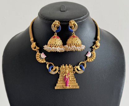 Matte finish Red-pink-blue meenakari Ma Meenakshi necklace set dj-52075