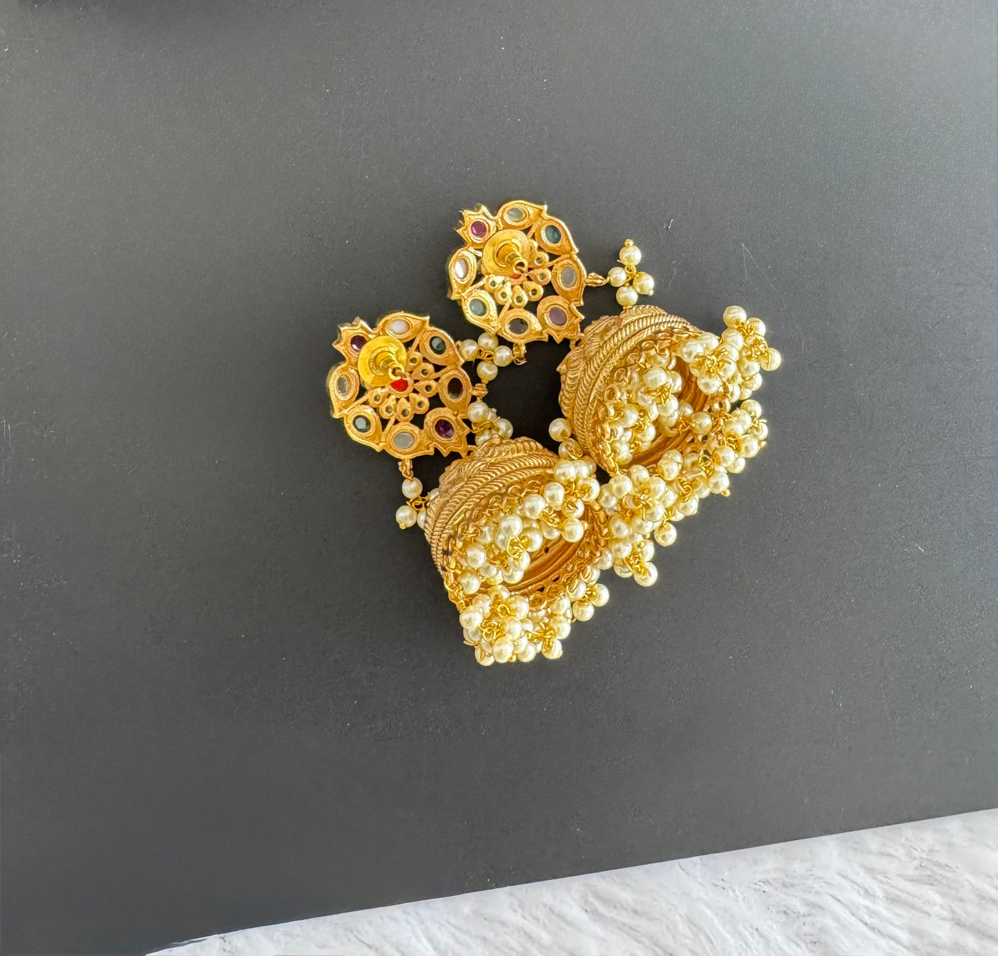 Matte finish cz white pearl cluster navarathna stone peacock jhumkka dj-47677