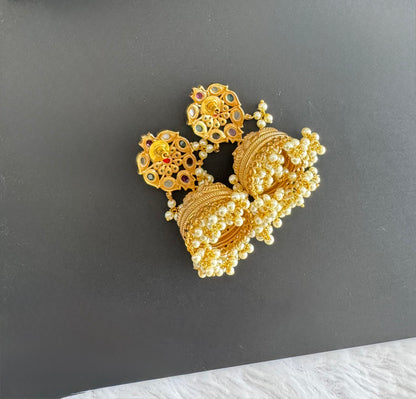 Matte finish cz white pearl cluster navarathna stone peacock jhumkka dj-47677