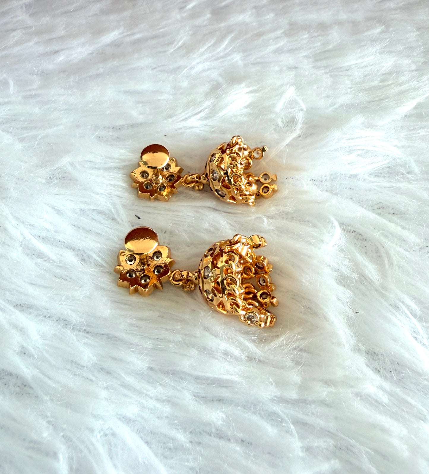 Gold tone AD pink-green-white south Indian flower jhumkka dj-53269