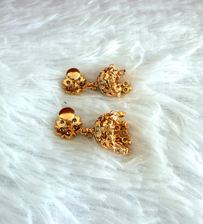 Gold tone AD pink-green-white south Indian flower jhumkka dj-53269