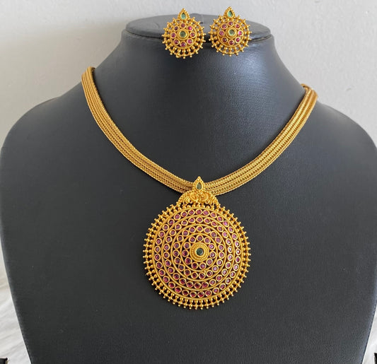 Antique gold tone kemp-green stone round pendant necklace set dj-54268