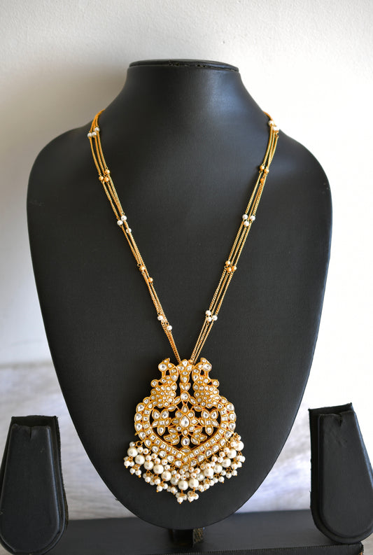 Matte finish white kundan jadau pearl peacock pendant necklace dj-52606