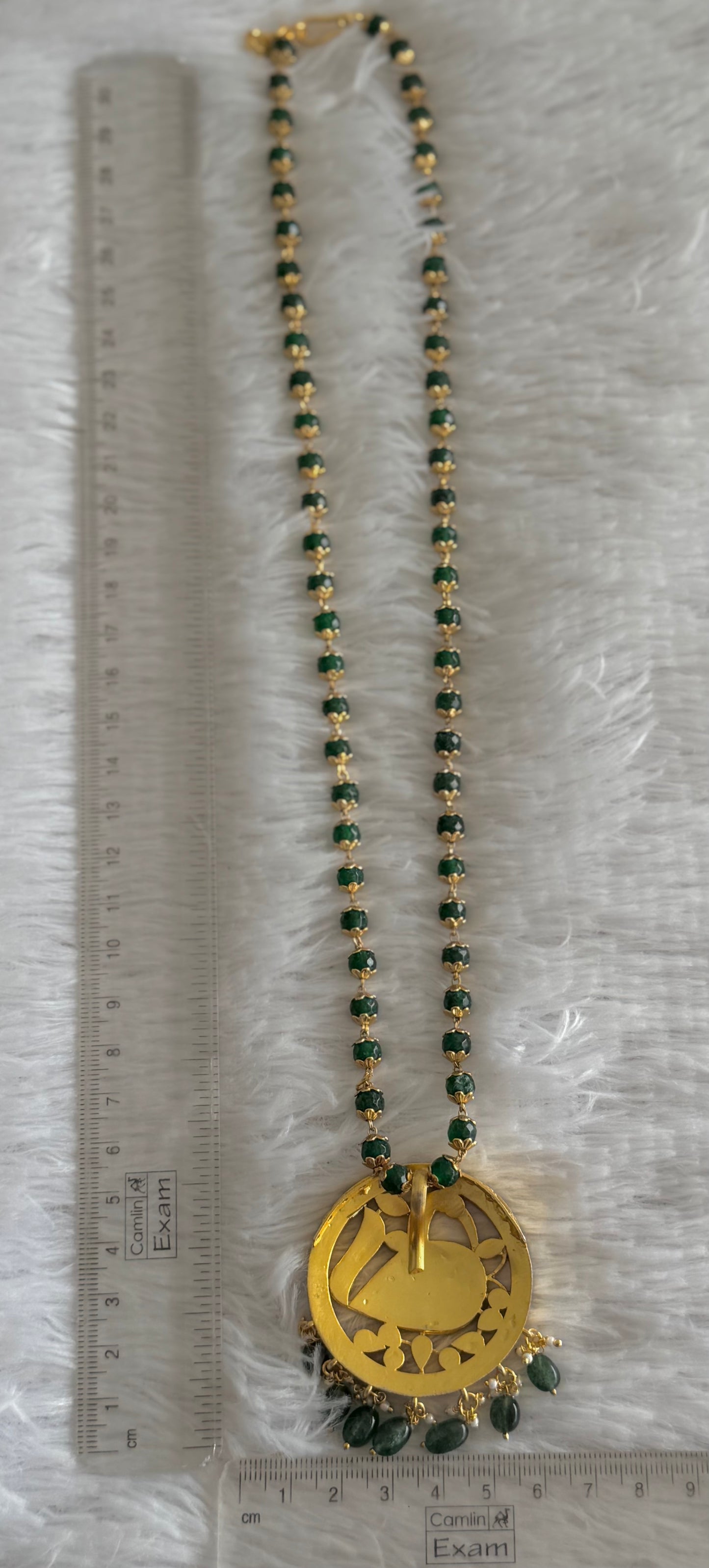 Gold tone pink-green-white kundan jadau pumpkin green peacock beaded necklace dj-51536