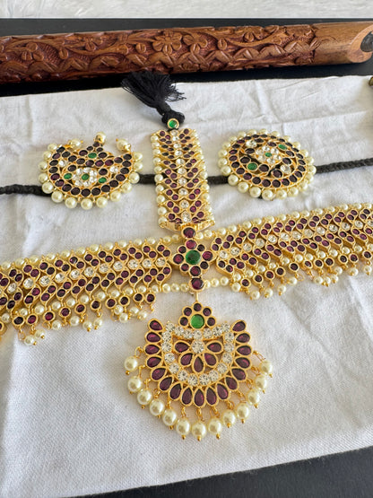 Gold tone precious kemp-green-white pearl maang tikka sun moon dj-50872