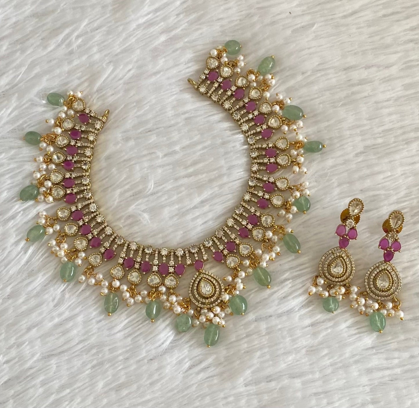 Antique gold tone cz white-ruby stone green beaded victorian necklace set dj-54438