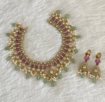 Antique gold tone cz white-ruby stone green beaded victorian necklace set dj-54438