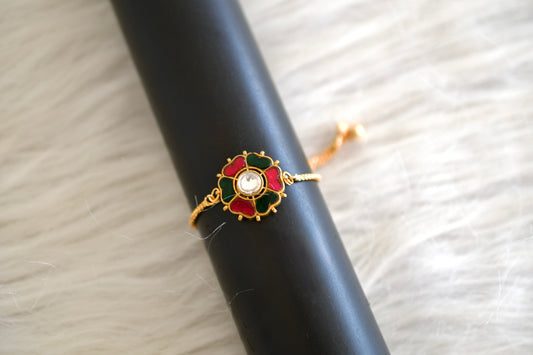 Gold tone pink-green kundan jadau flower bracelet dj-52663