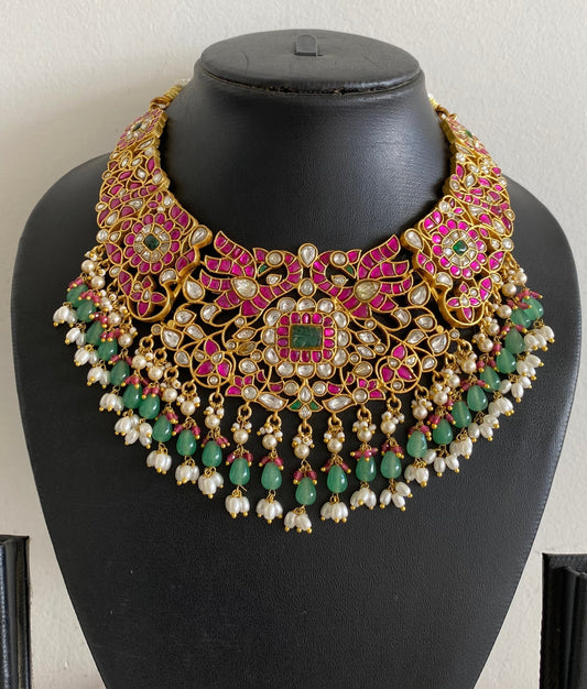 Antique gold tone peacock beads kundan jadau choker necklace dj-54166