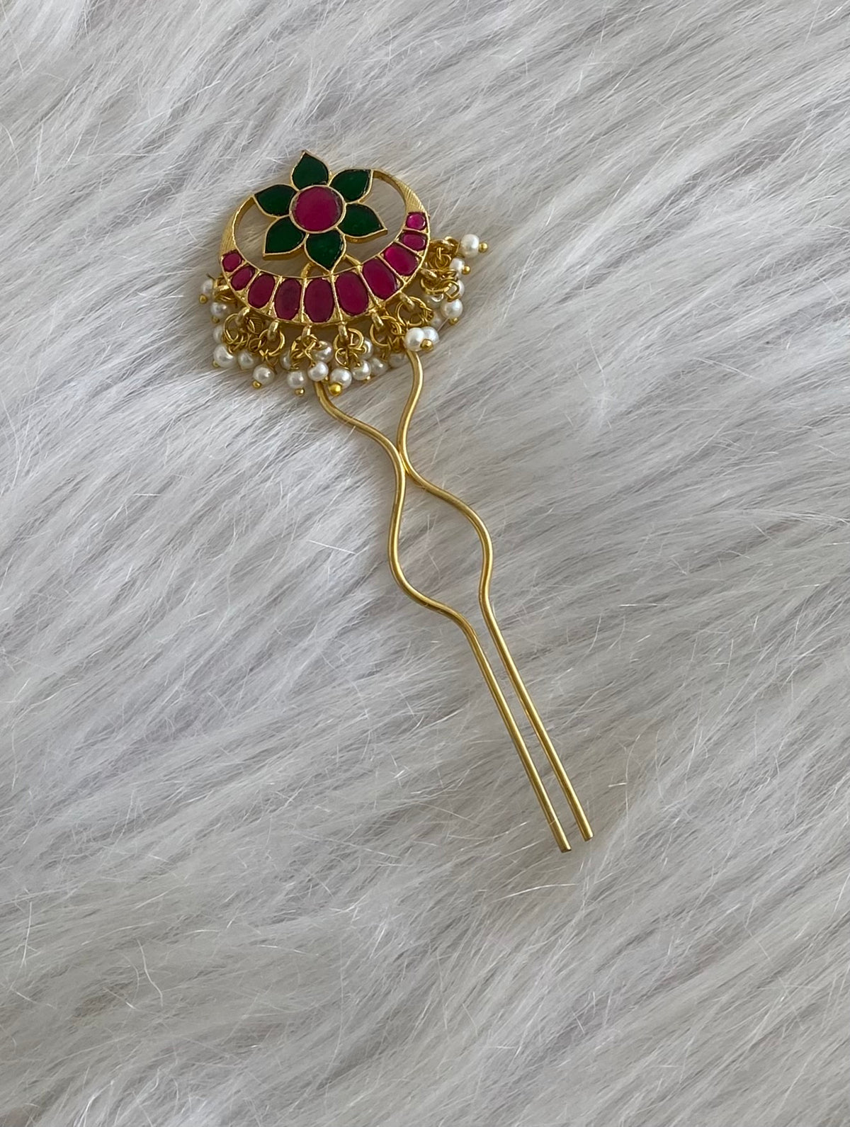 Gold tone kundan jadau kemp-green pearl moon flower hair jewel/pin dj-55065