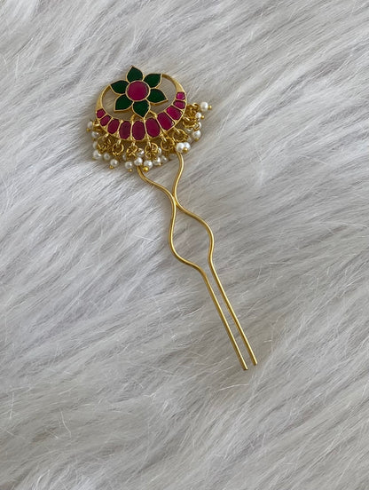 Gold tone kundan jadau kemp-green pearl moon flower hair jewel/pin dj-55065