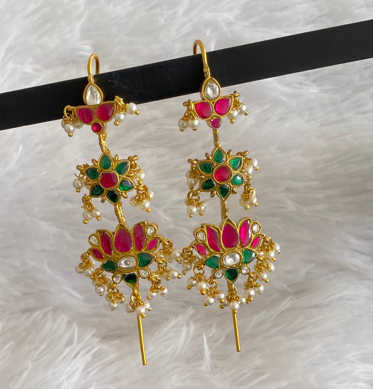 Gold tone pink-green-white kundan jadau lotus bugadi needle earrings dj-54374
