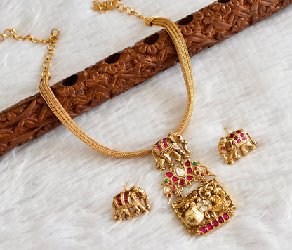 Antique gold tone pink-green elephant jadau necklace set dj-51833