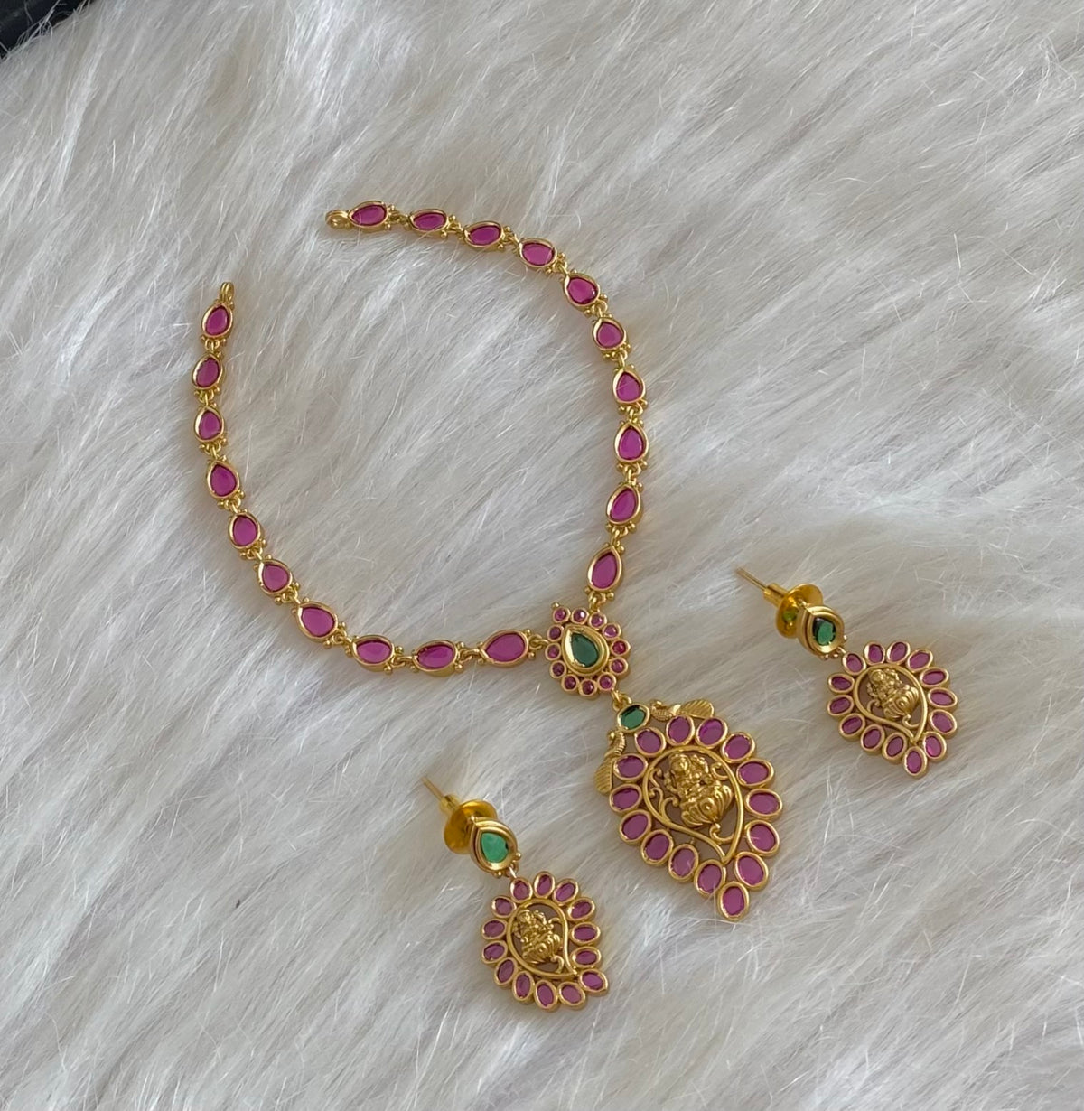 Antique gold tone pink green stone peacock lakshmi necklace set dj-54754