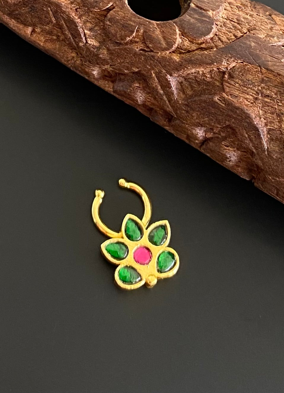 Gold tone kundan jadau green-pink stone flower nose pin/bulakku dj-53780