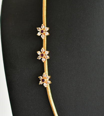 Gold tone maroon-white stone flower mugappu chain dj-51898