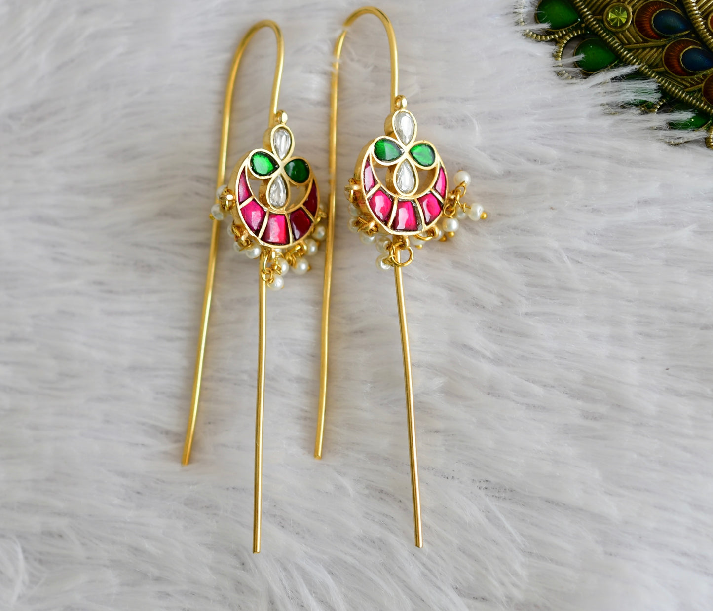 Gold tone pink-green-white kundan jadau bali bugadi needle earrings dj-52457