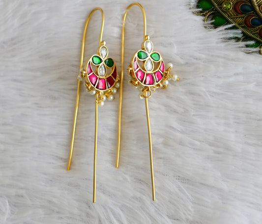 Gold tone pink-green-white kundan jadau bali bugadi needle earrings dj-52457