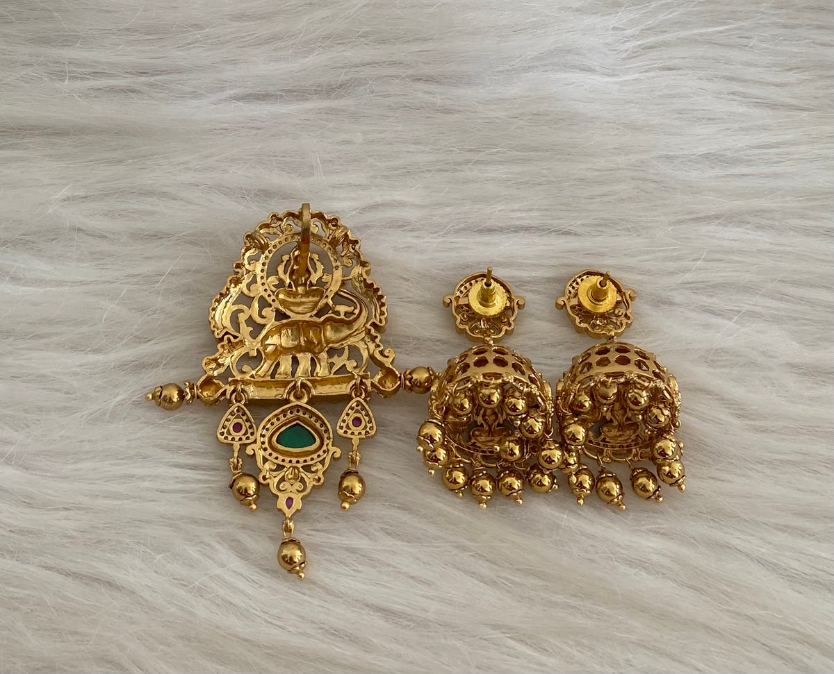 Antique gold tone gaja lakshmi meenakari pendant set dj-54744