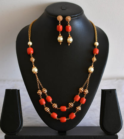 Antique gold tone pearl-coral beaded mala/necklace set dj-52692