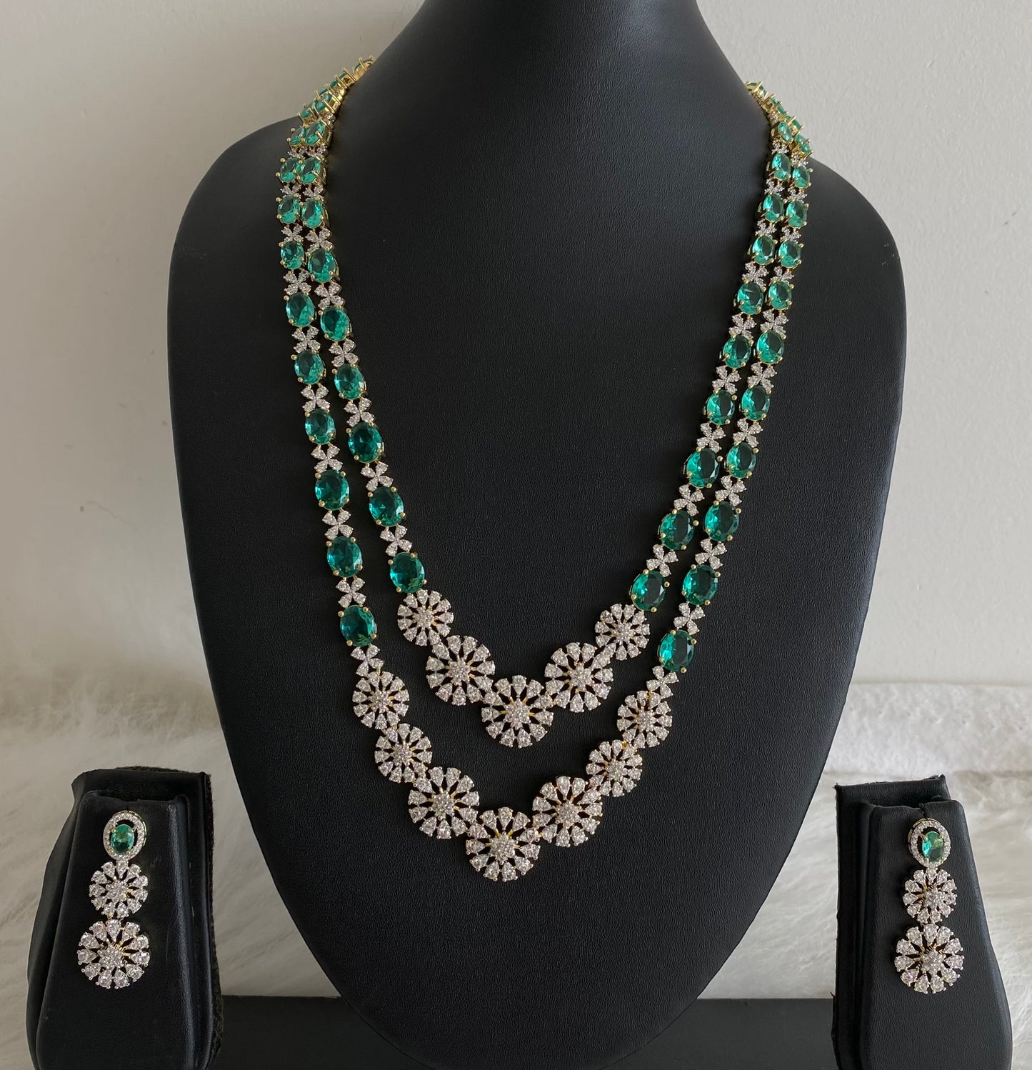 Two tone cz peacock green stone double layer short haar set dj-54411