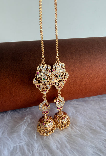 Gold tone AD pink-green south Indian peacock jhumkka with ear side chain dj-53272