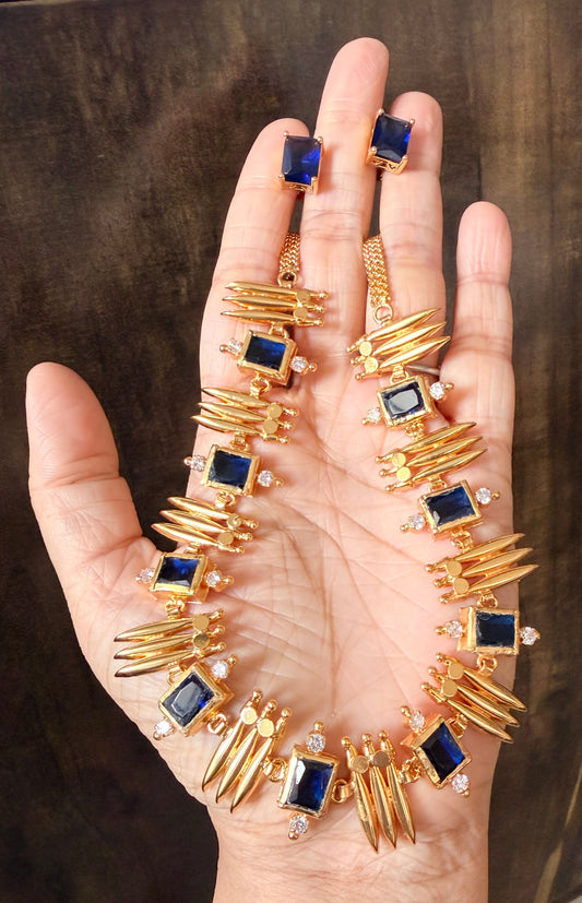 Gold tone blue block stone kerala style mulla mottu necklace set dj-47872