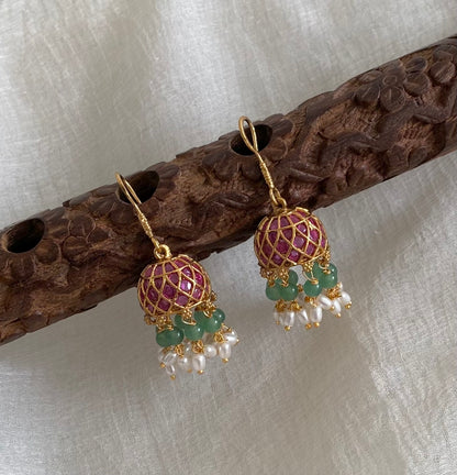 Gold tone pink kundan jadau green beaded rice pearl jhumkka dj-55096