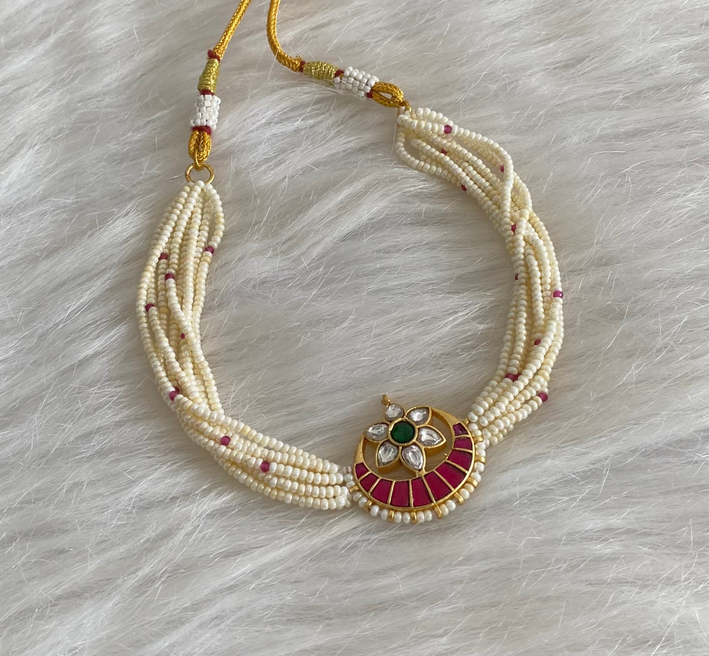 Gold tone pink-green-white moon kundan jadau pearl choker necklace dj-54495