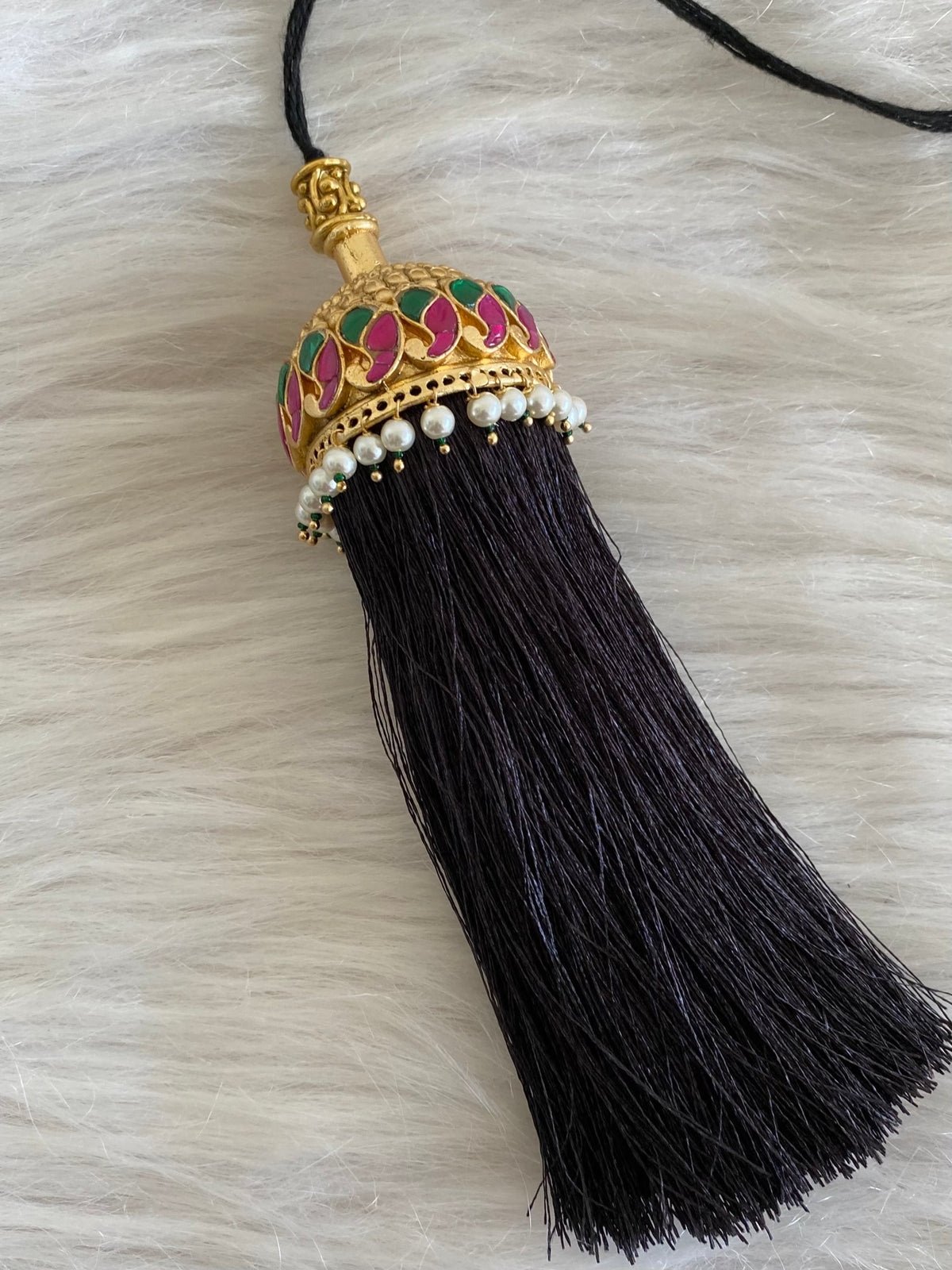 Matte finish kundan jadau pink-green stone mango pearl bridal kuppulu(Hair accessory) dj-55076
