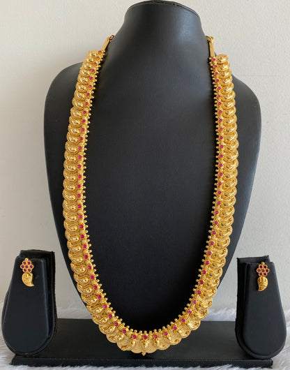 Gold tone reversible ruby mango lakshmi coin haar set dj-53109